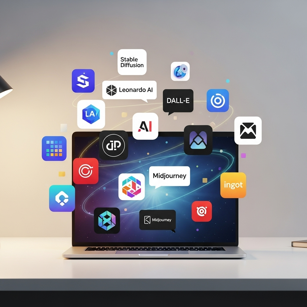 A sleek laptop screen displaying a colorful array of AI image generation tool icons (like Stable Diffusion, Leonardo AI, DALL-E, etc.) floating around it. The laptop is on a clean desk. Infographic style, clean, vibrant, no text.