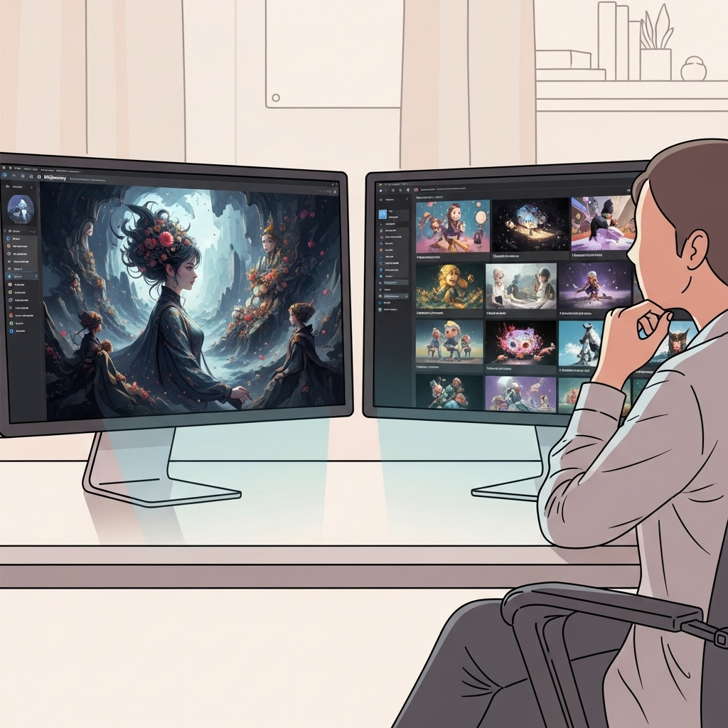 A person sitting at a desk, looking thoughtfully at two computer screens side-by-side. One screen displays highly artistic, detailed images (representing Midjourney), and the other shows diverse, creative outputs from various other AI image generators. The person is weighing options. Style: clean illustration, modern, no text.