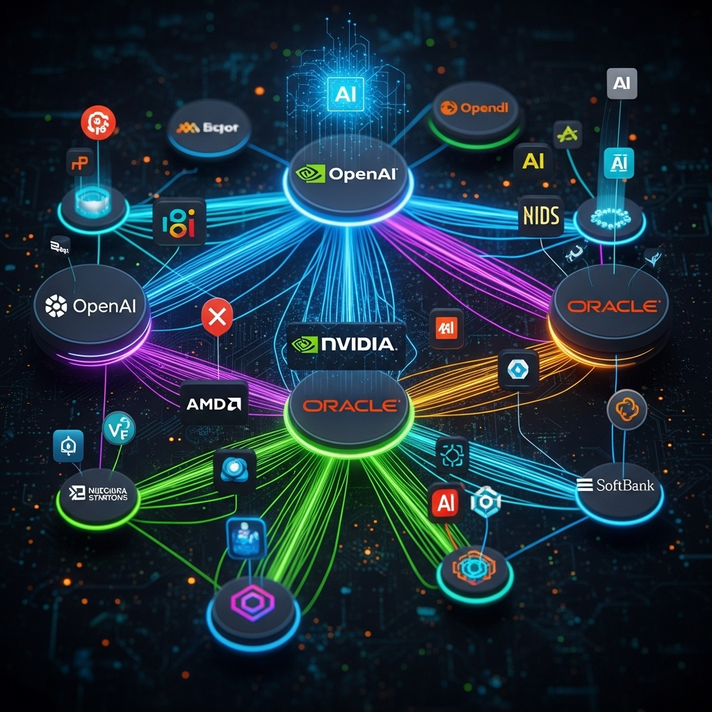 An intricate infographic showing various company logos like OpenAI, Nvidia, AMD, Oracle, and SoftBank interconnected with glowing lines, symbolizing a massive network of AI investments and partnerships. The overall atmosphere is futuristic and high-tech. No text in image.