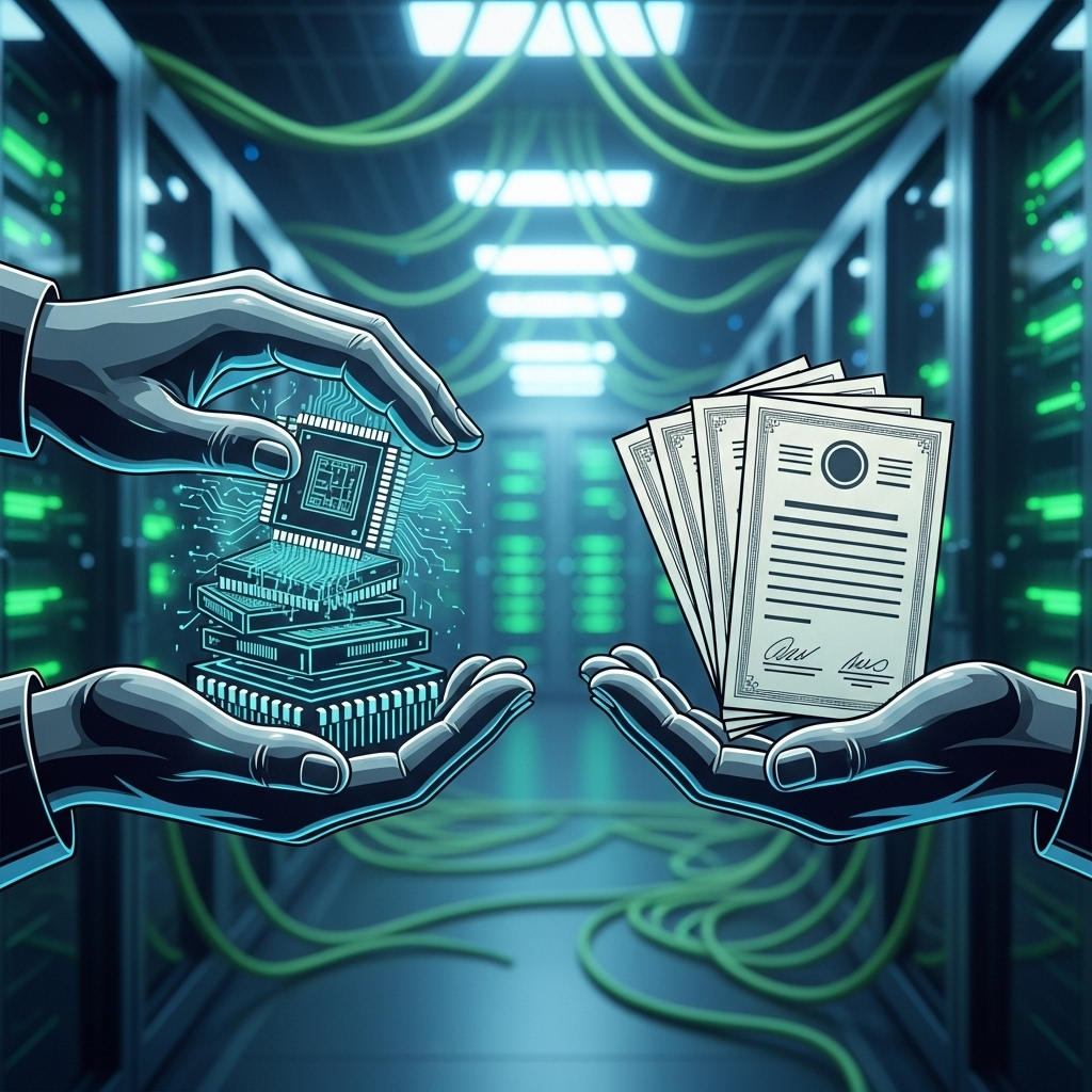 A stylized image showing hands exchanging microchips and stock certificates, representing strategic partnerships and equity deals between major AI and chip companies. The background suggests a high-tech data center environment. No text in image.