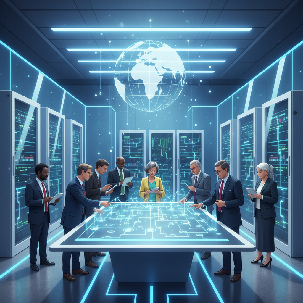 A diverse group of government officials from various countries collaborating on AI technology in a modern, secure data center. The scene is brightly lit, representing innovation and cooperation. Style: clean infographic. No text.