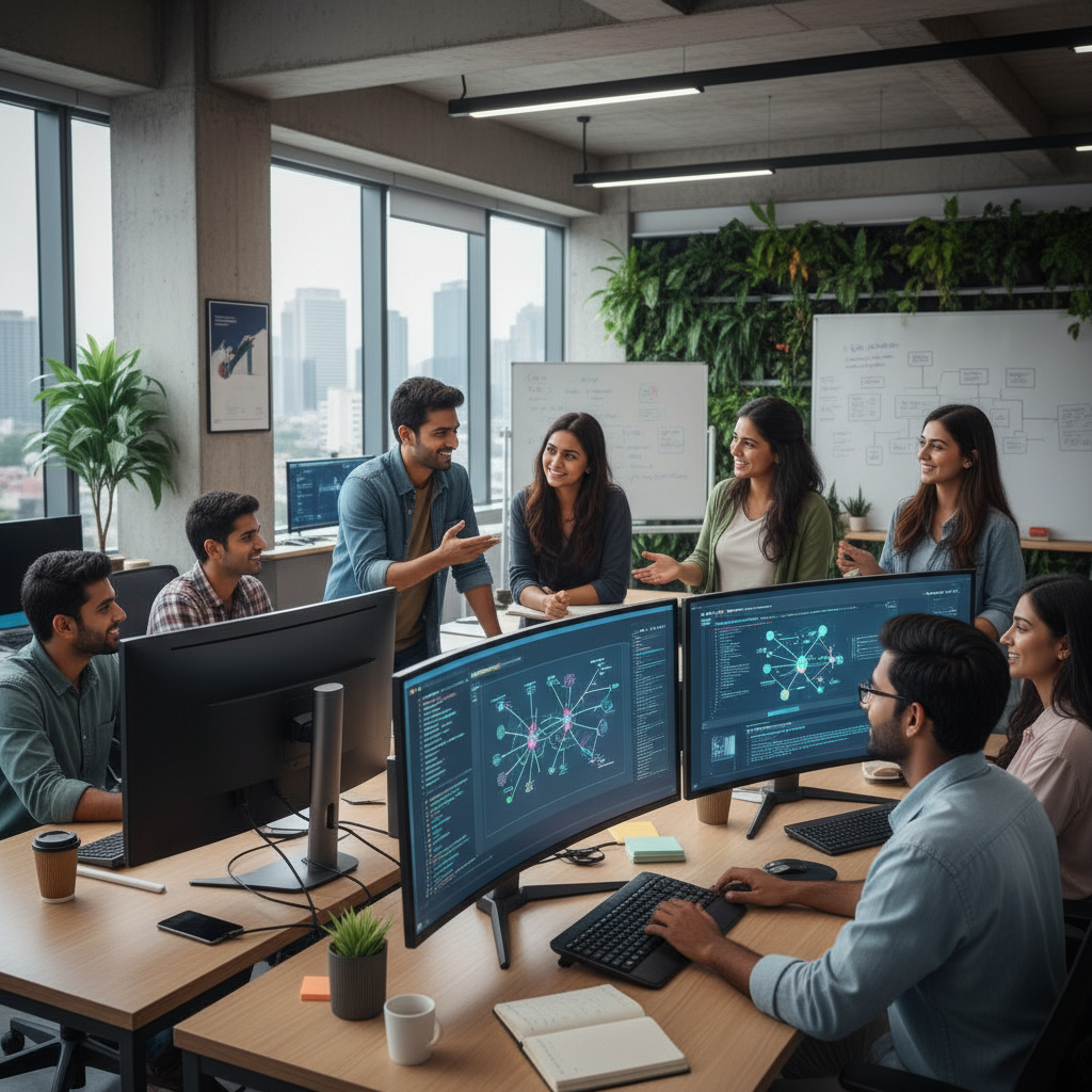 Indian developers working on AI models in a modern tech office. Screens show code and AI interfaces, with diverse team members collaborating. Focus on smart, innovative atmosphere. Style: lifestyle photography. No text.