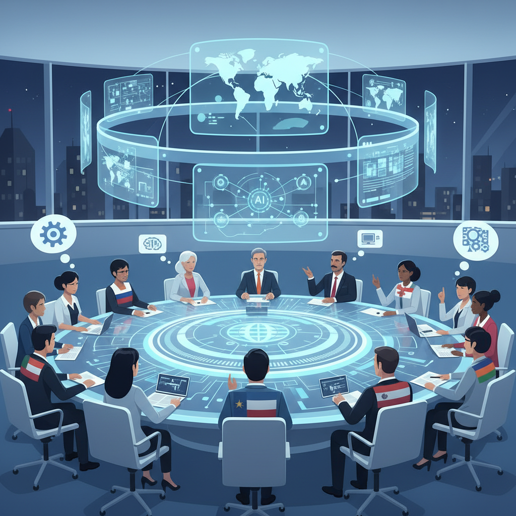 A diverse group of international delegates from various countries seated around a large conference table, discussing AI strategies and cooperation. The room is modern and sophisticated, with digital displays showing global maps and data. Style: clean infographic. No text.