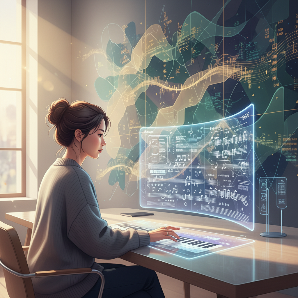 A Korean composer thoughtfully looking at musical notes on a digital screen, with AI-generated abstract musical patterns subtly blending into the background. Style: modern illustration, natural light. No text.