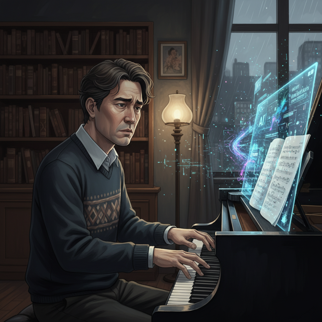 A Korean composer sitting at a piano, looking concernedly at a glowing, abstract AI interface projected onto the sheet music. The room is dimly lit, reflecting a thoughtful atmosphere. Style: realistic illustration. No text.