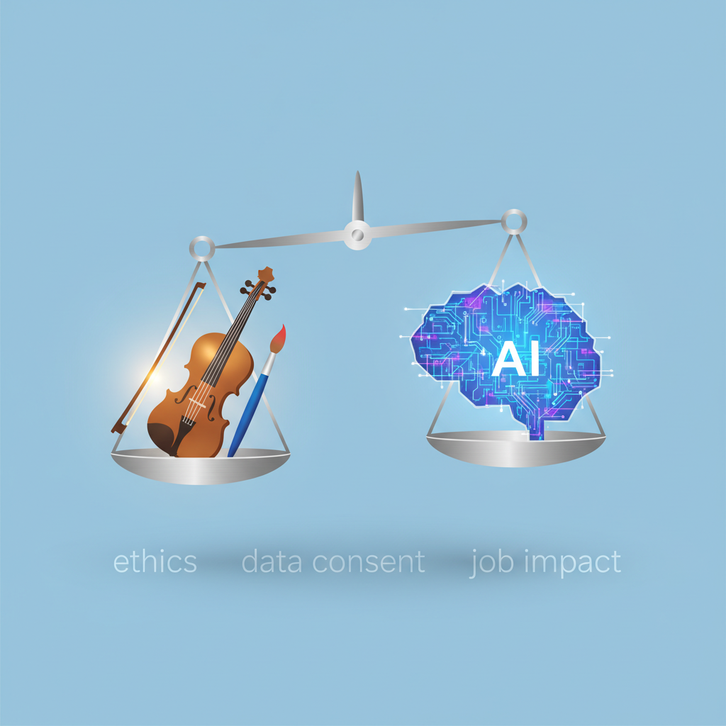 A stylized infographic showing a balance scale. On one side, a classical music instrument (like a violin) and a paintbrush, representing art. On the other side, glowing, abstract AI circuit patterns. Below the scale, keywords like "ethics," "data consent," "job impact" are subtly hinted at. Style: clean infographic. No text.