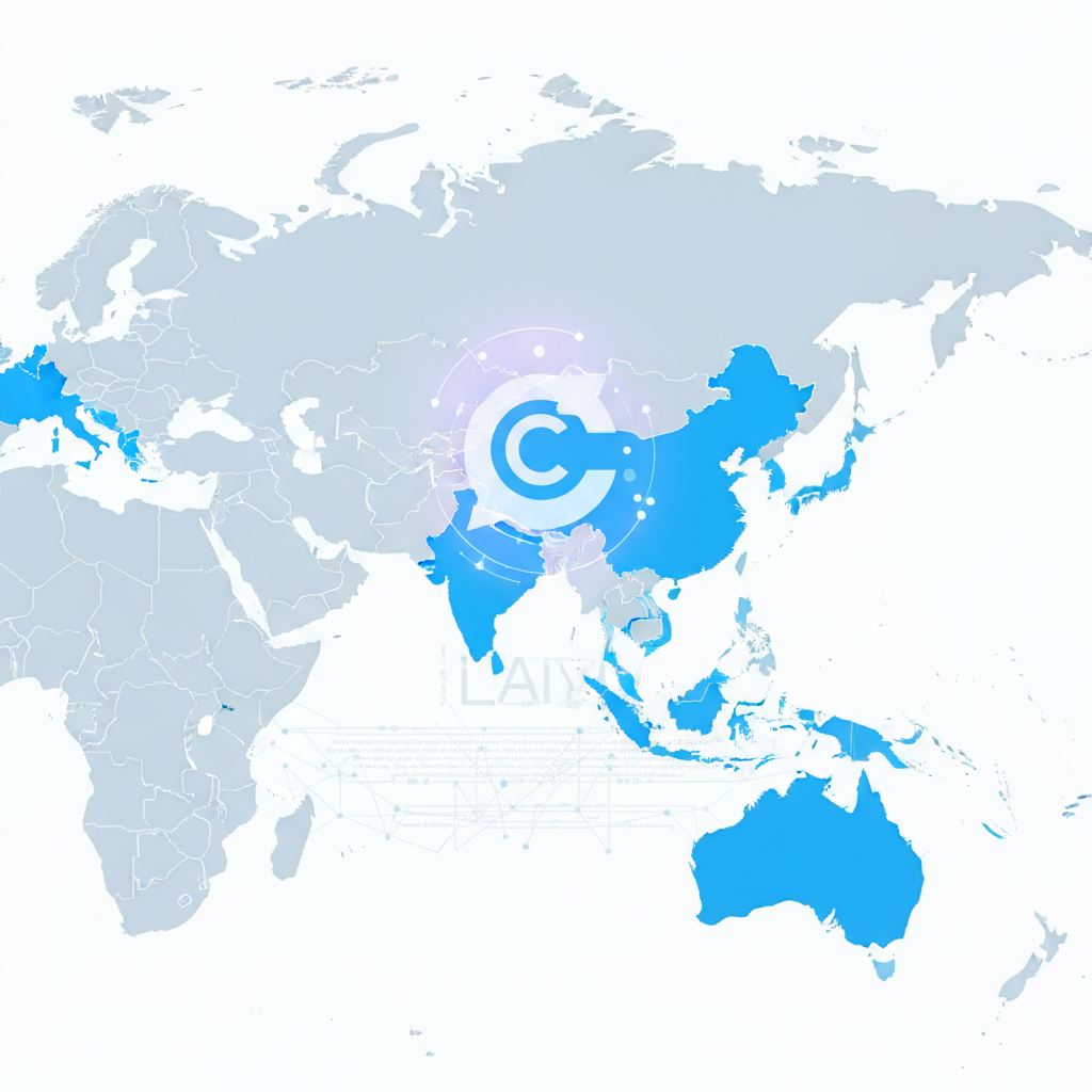 An infographic style map of Asia, highlighting 16 specific countries where ChatGPT Go is expanding. Overlay a subtle, futuristic AI interface or the ChatGPT logo onto the map. The map should look clean and modern. No text in image.