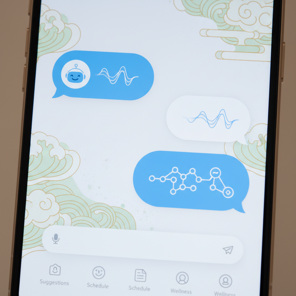 A close-up, clean infographic of a smartphone screen displaying a user-friendly AI chatbot interface, with speech bubbles showing interaction. The focus is on ease of use and personalized responses. Subtle Asian design elements in the background if possible. No text in image.