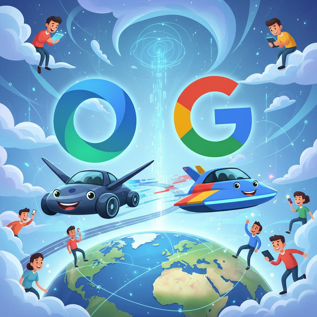 An infographic or conceptual illustration showing two prominent AI company logos (representing OpenAI and Google) engaged in a friendly but competitive race. Elements like digital clouds, data streams, and diverse global users are integrated into the background, symbolizing market expansion. No text in image.