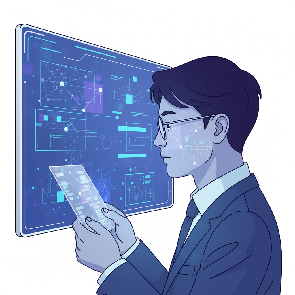 A Korean citizen looking at a democratic voting ballot, with AI-related graphics reflected on a screen in the background. The image should convey a sense of thoughtful consideration and potential technological influence. Style: clean infographic with a slightly futuristic feel. No text.
