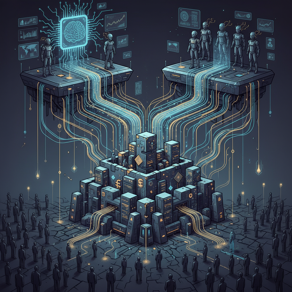 An illustration showing wealth and power concentrating in the hands of a few individuals due to advanced AI technology. There should be a visual representation of economic disparity and control, with a clear contrast between the few powerful entities and the broader population. Style: conceptual illustration with a slightly dark or serious tone. No text.