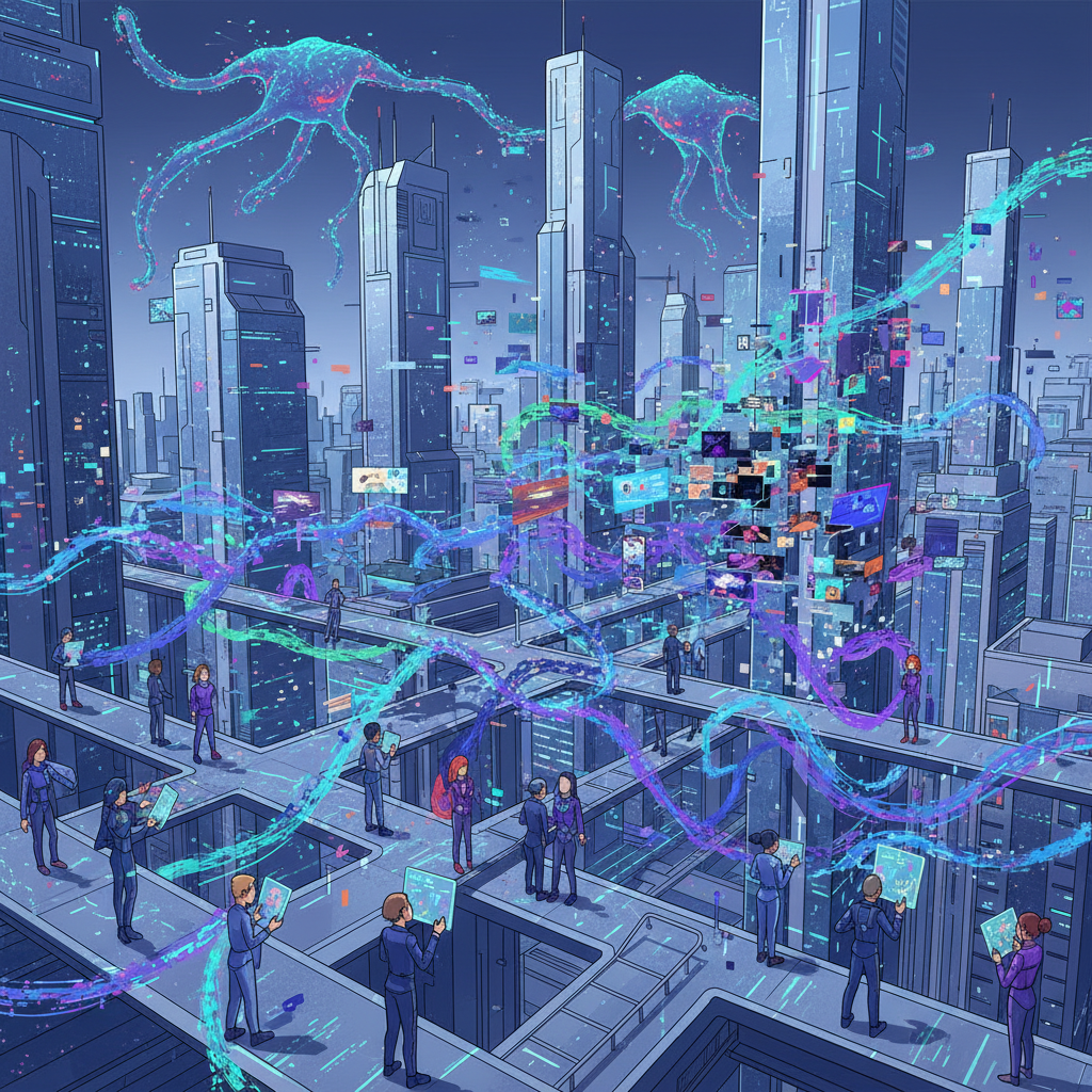 An urban landscape where the flow of news and information is being disrupted and complicated by AI systems. The scene should show various digital streams and data points, creating a sense of information overload or distortion. Citizens are depicted trying to navigate this complex information environment. Style: futuristic digital illustration. No text.