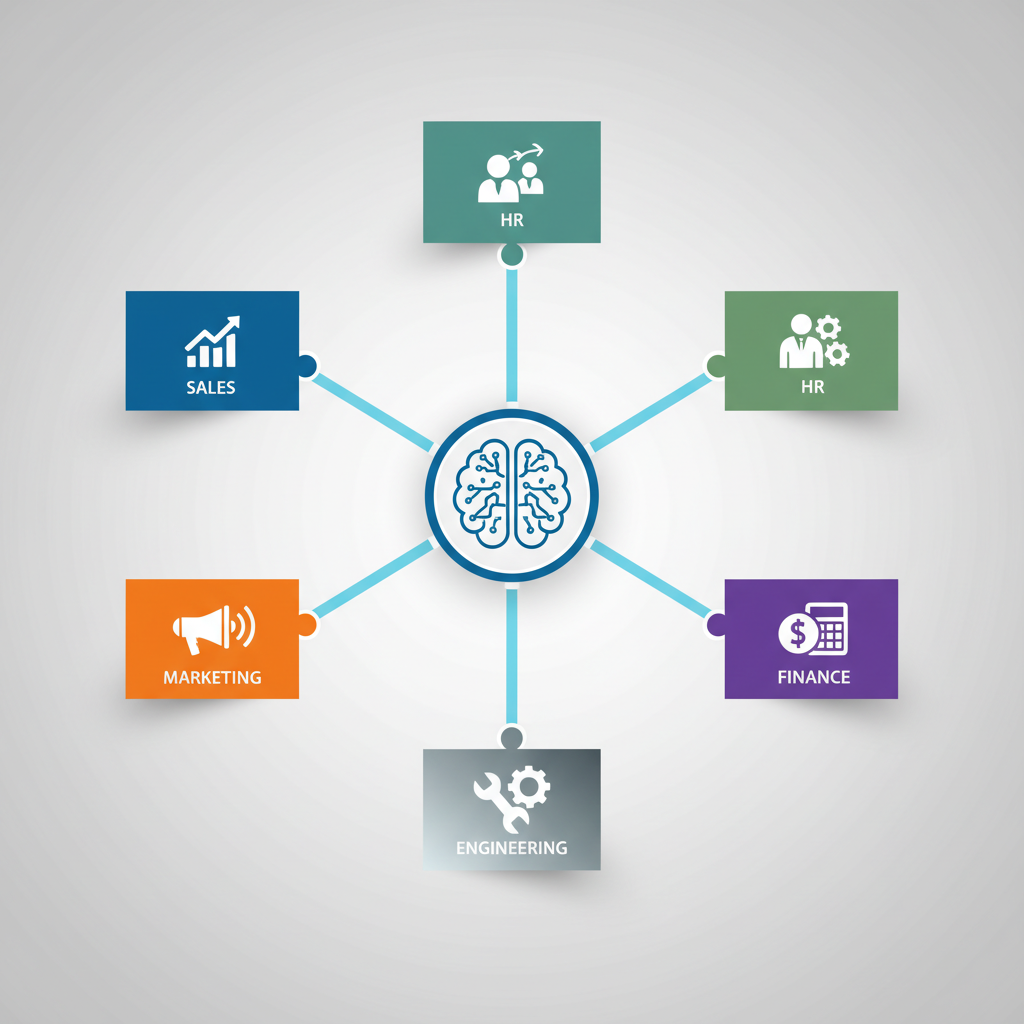 A clean infographic showing various business departments (sales, marketing, HR, finance, engineering) connected by an AI agent icon in the center, symbolizing integration and automation. The overall style should be professional and modern. No text in image.