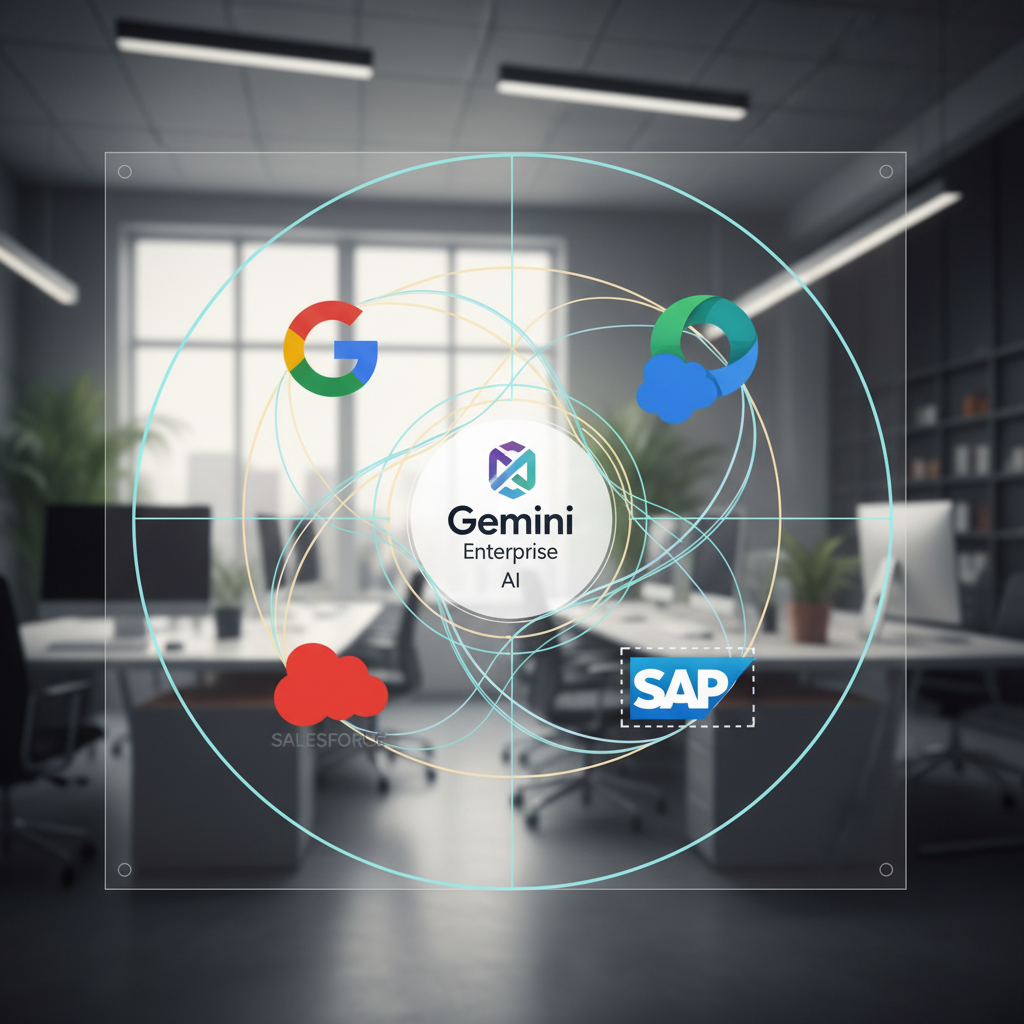 A detailed infographic showing Google Workspace, Microsoft 365, Salesforce, and SAP logos around a central Gemini Enterprise AI agent logo, with data flow lines illustrating seamless integration. The background is a clean, modern office environment. No text in image.