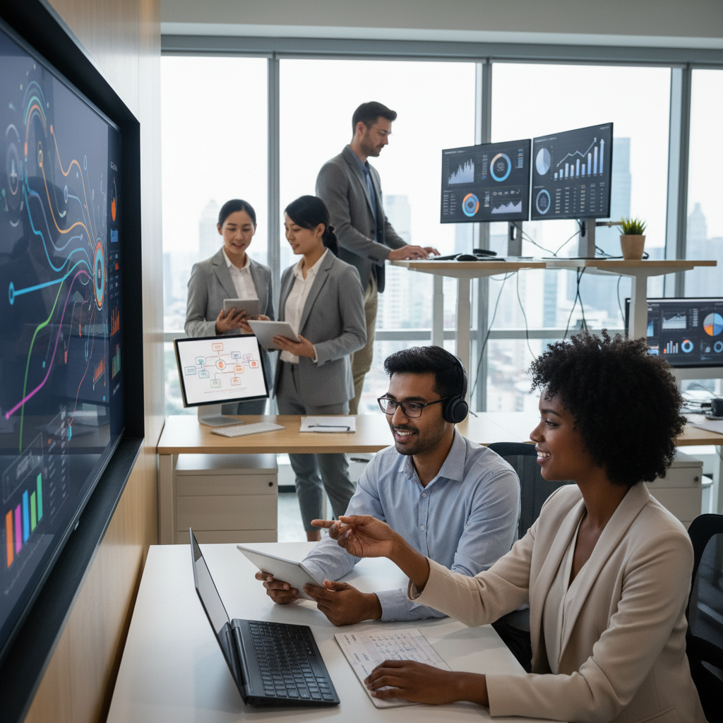 A lifestyle photograph of diverse professionals (e.g., a marketing specialist, an engineer, an HR manager, a financial analyst) in a modern office setting, each interacting with a digital screen displaying elements of Gemini Enterprise. Show a sense of collaboration and efficiency. Focus on the users and their tasks, not specific UI elements. No text in image.