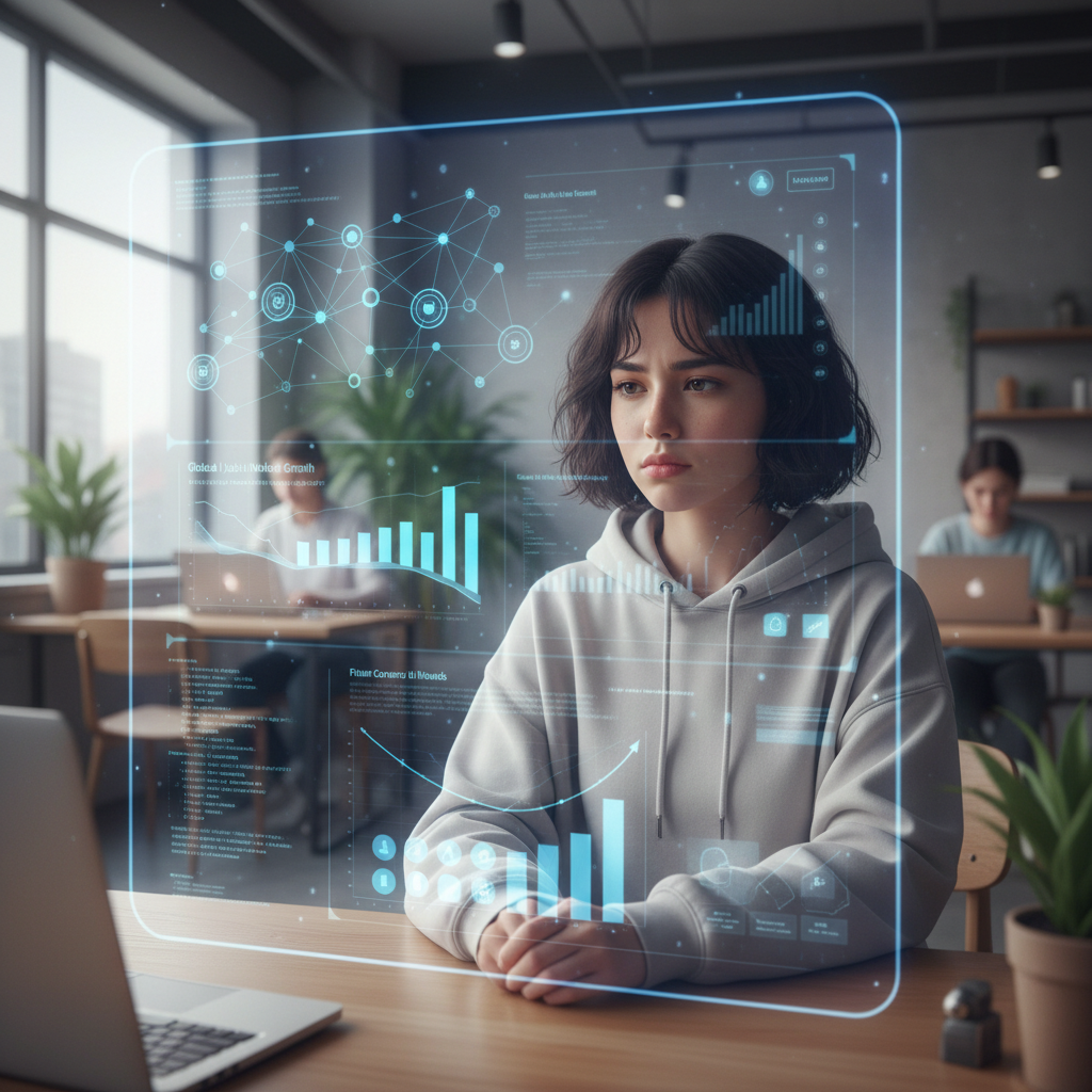 A young Korean Gen Z person looking thoughtful or concerned, in front of a digital screen displaying AI-related interfaces and job market graphs. The atmosphere is slightly uncertain but also suggesting future possibilities. Lifestyle photography, natural lighting, no text.