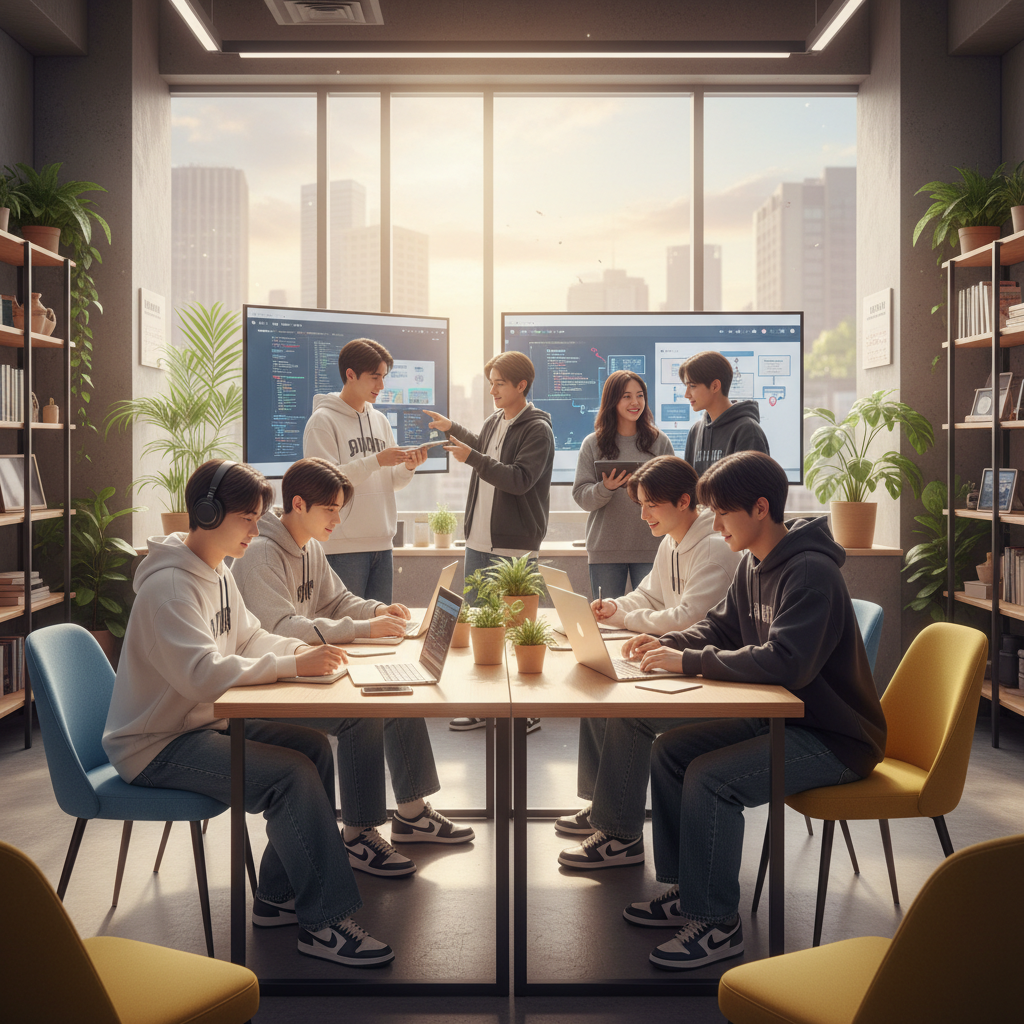 A diverse group of young Korean Gen Z people, some are studying or coding, others are collaborating, showcasing adaptability and proactive learning. Bright and hopeful atmosphere, lifestyle photography, no text.
