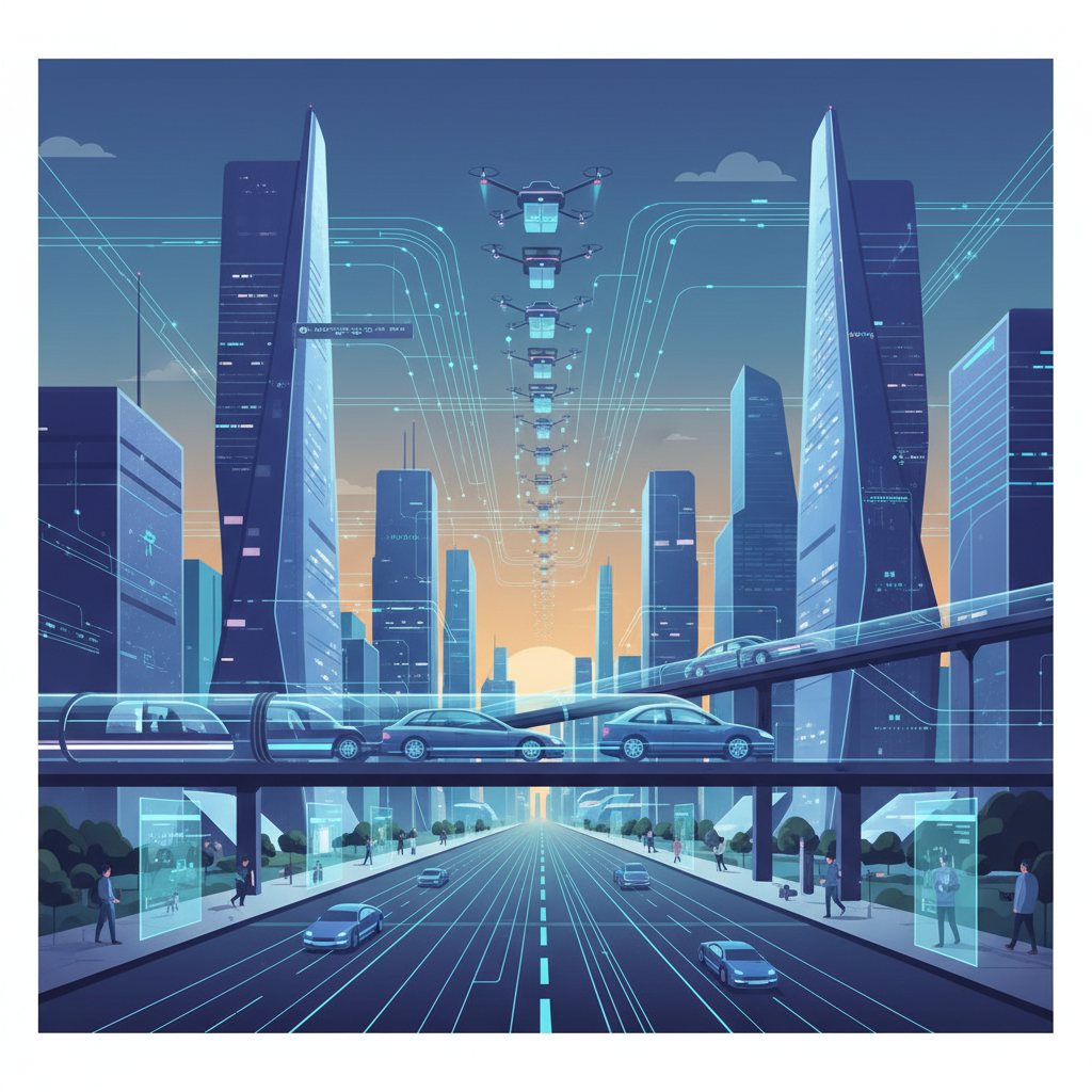 A futuristic cityscape at dusk, featuring diverse AI-driven mobility solutions like autonomous cars, flying drones for delivery, and smart public transport seamlessly integrated. Emphasize smart infrastructure, glowing digital pathways, and a harmonious flow of movement. Korean people moving around. Clean infographic style, no text.