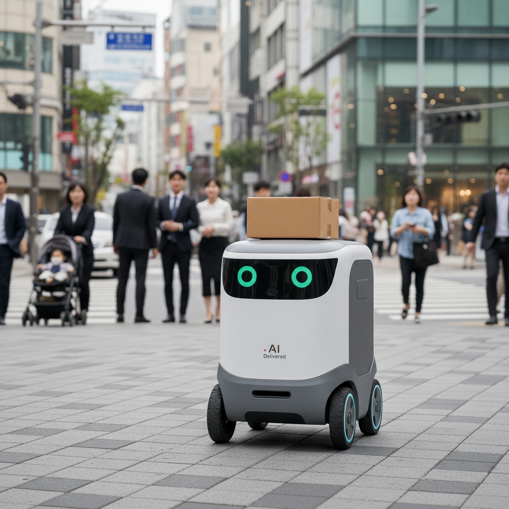 A compact, friendly-looking autonomous delivery robot navigating a bustling urban sidewalk in Korea, smoothly avoiding pedestrians and obstacles. The robot carries a package, showcasing efficient "last-mile delivery" with AI. Lifestyle photography, natural daylight, no text.