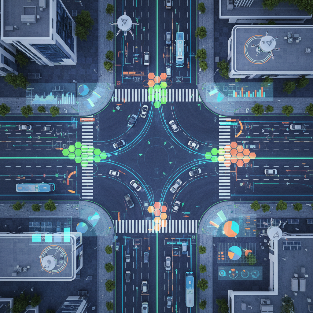 An overhead view of a smart city intersection with intelligent traffic lights adapting to real-time vehicle flow. Digital overlays show data analysis and optimized routes. Diverse AI-driven transport options are visible, illustrating an efficient "intelligent transportation system". Clean infographic style, vibrant colors, no text.