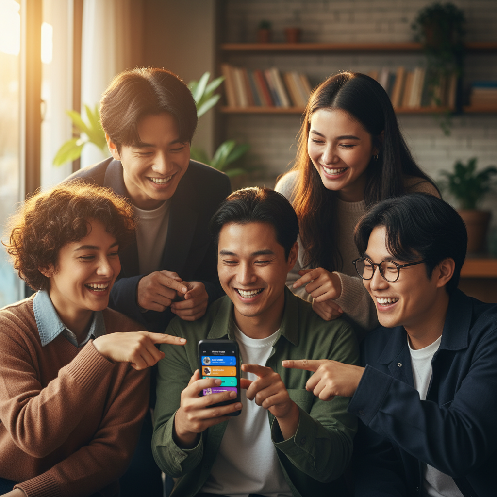 A group of diverse young Korean people looking at a phone screen together, smiling and pointing at a music playlist interface. The screen shows song titles and artist names. Style: lifestyle photography, warm lighting. No text.