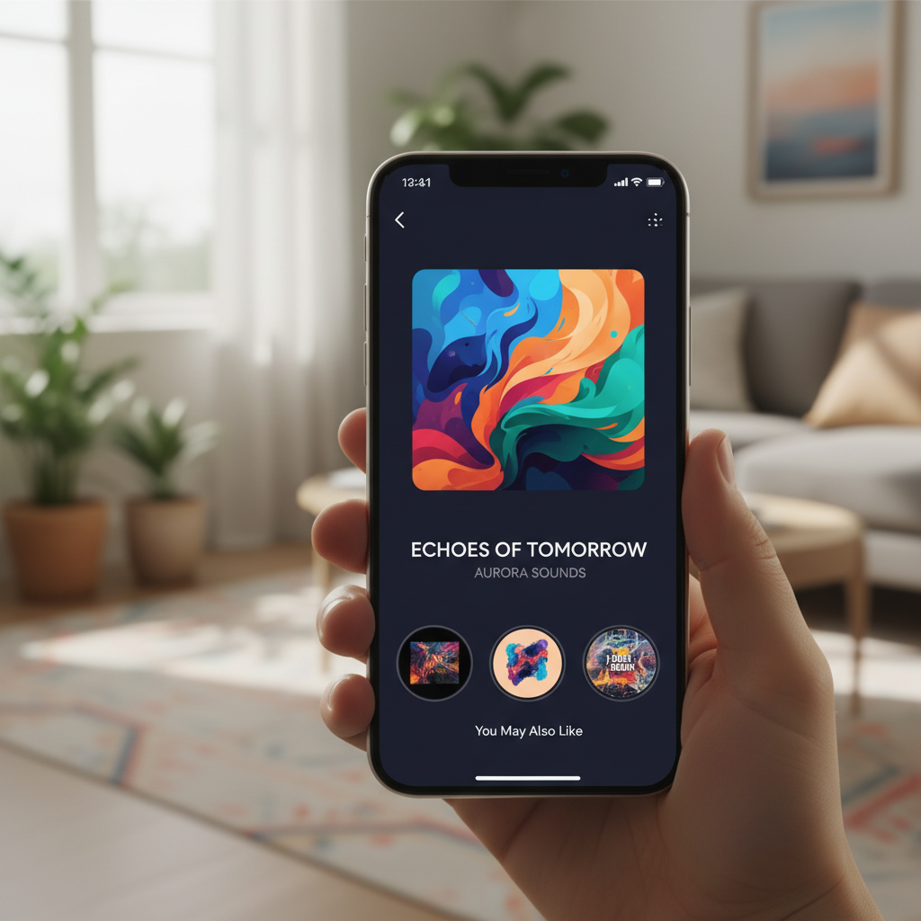 A close-up of a smartphone screen displaying a personalized music recommendation, with vibrant album art and song title. The background is a soft, blurred living room environment. Style: lifestyle photography. No text.