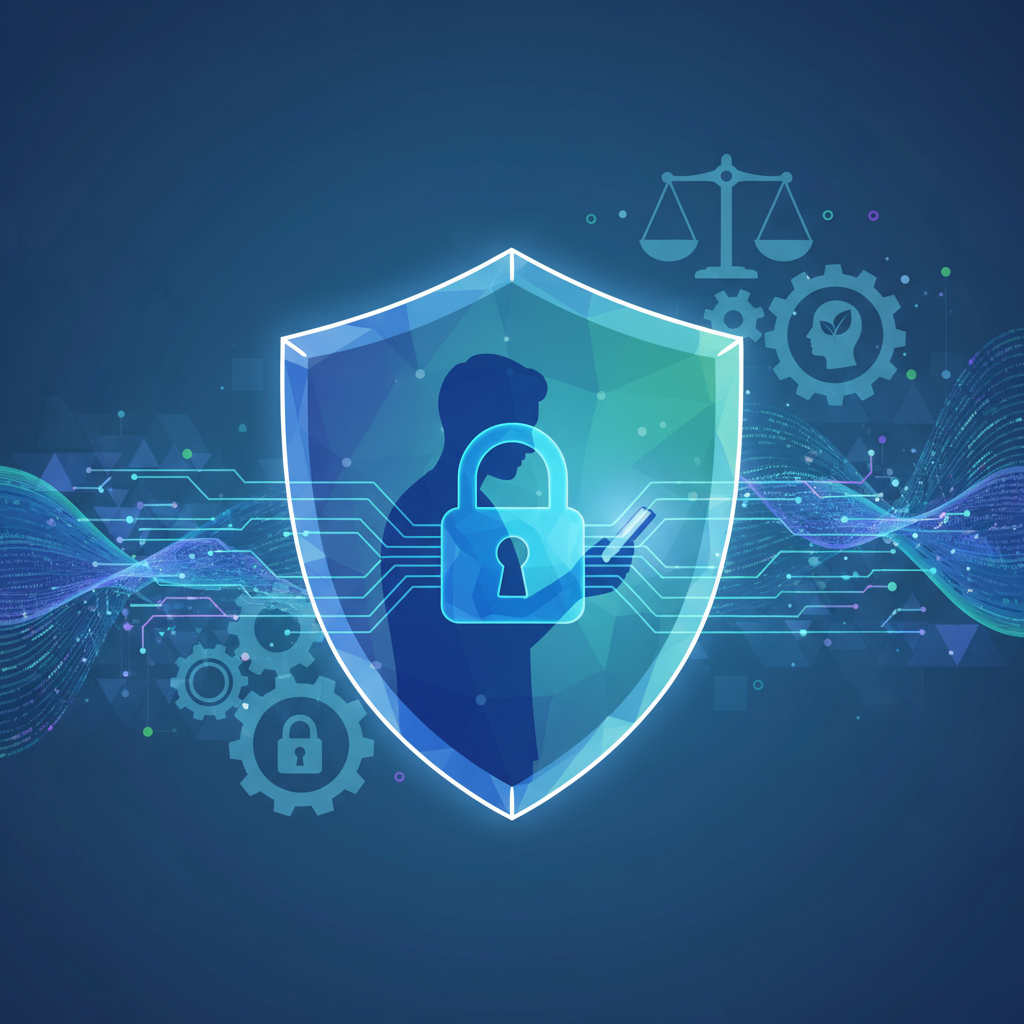 A thought-provoking illustration of a digital lock or shield protecting personal data, with a silhouette of a person interacting with a mobile device, set against a backdrop of flowing data streams. Emphasize concepts of regulation and privacy. Style: clean infographic. No text.