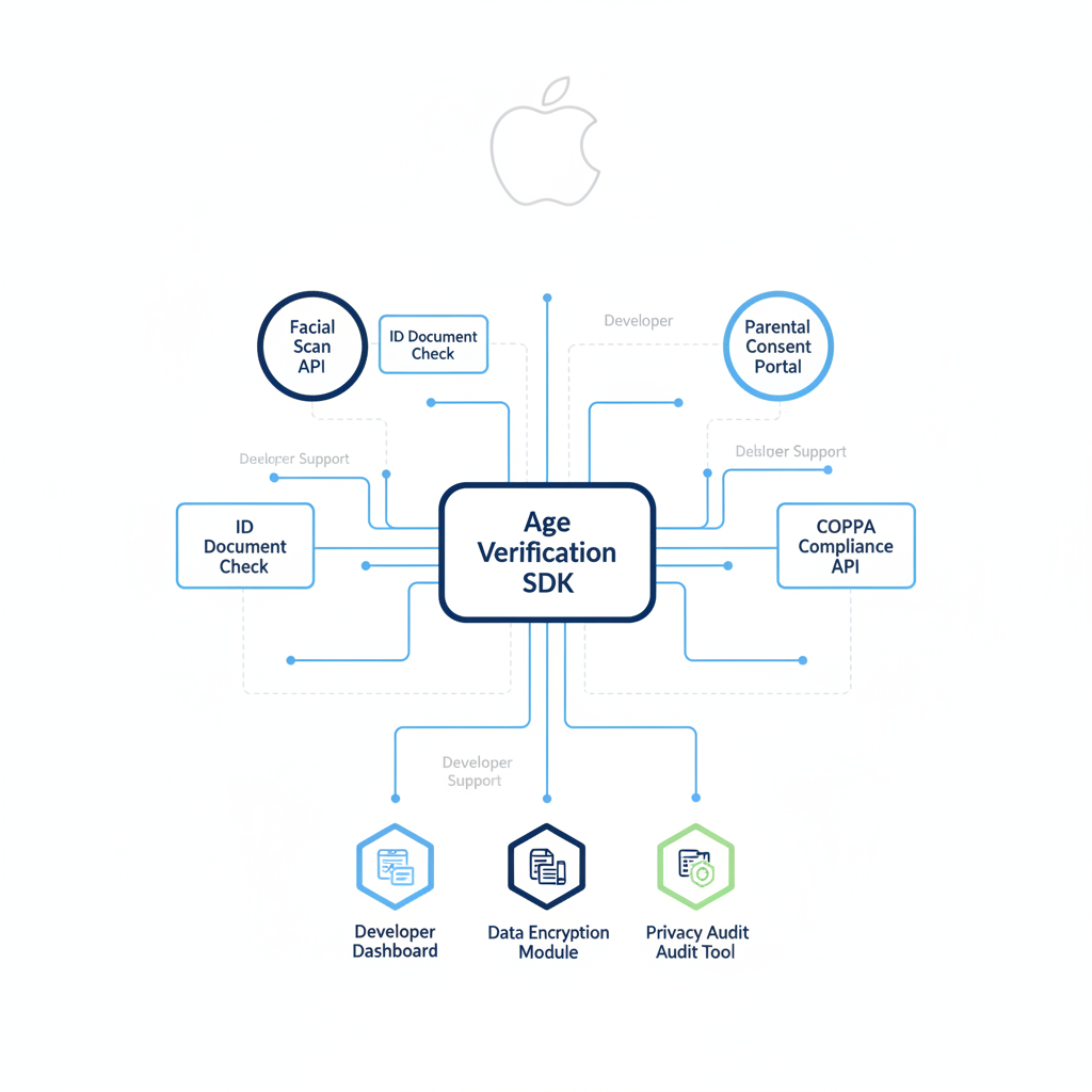 A clean infographic showing various digital tools and APIs with an Apple logo subtly integrated. The tools represent age verification and parental consent mechanisms, with lines connecting them to illustrate data flow and developer support. Style: clean infographic. No text.