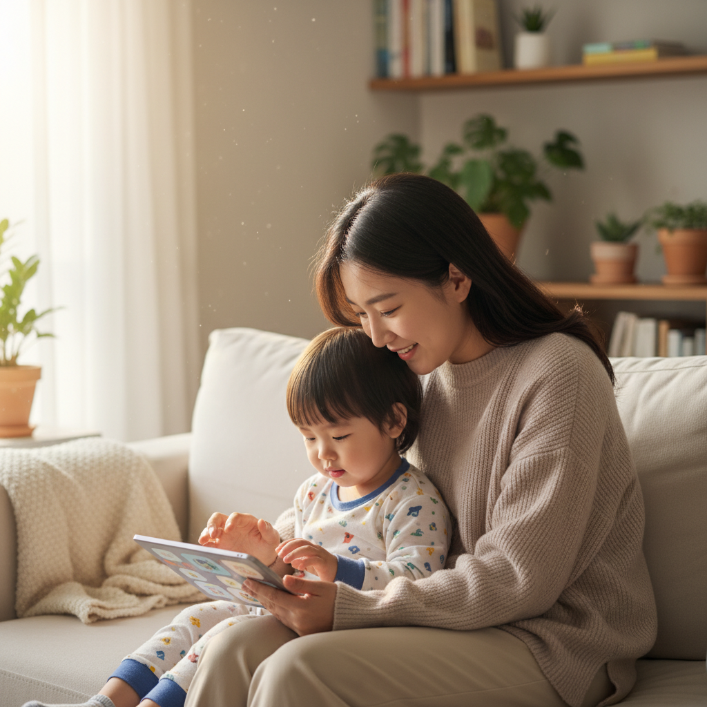 Lifestyle photography of a Korean parent and child looking at a tablet together, with the parent gently guiding the child's finger on the screen. Focus on a warm, secure interaction, implying parental control and shared digital experience. Natural lighting, home setting. No text.