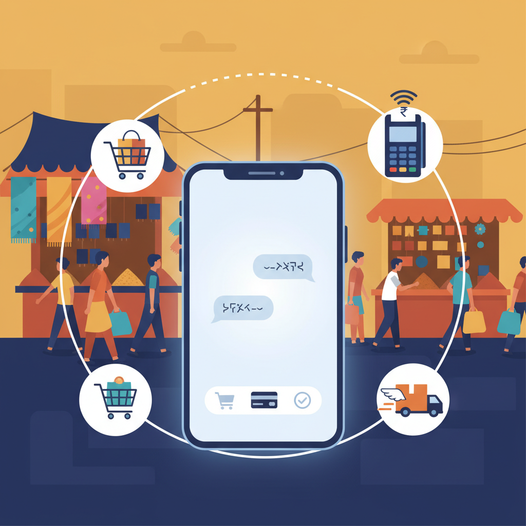 A sleek infographic showing a smartphone screen displaying an AI chatbot interface, with various e-commerce icons (shopping cart, payment, delivery) floating around it. The background suggests a bustling Indian market. Clean infographic style, no text, Korean user interaction.