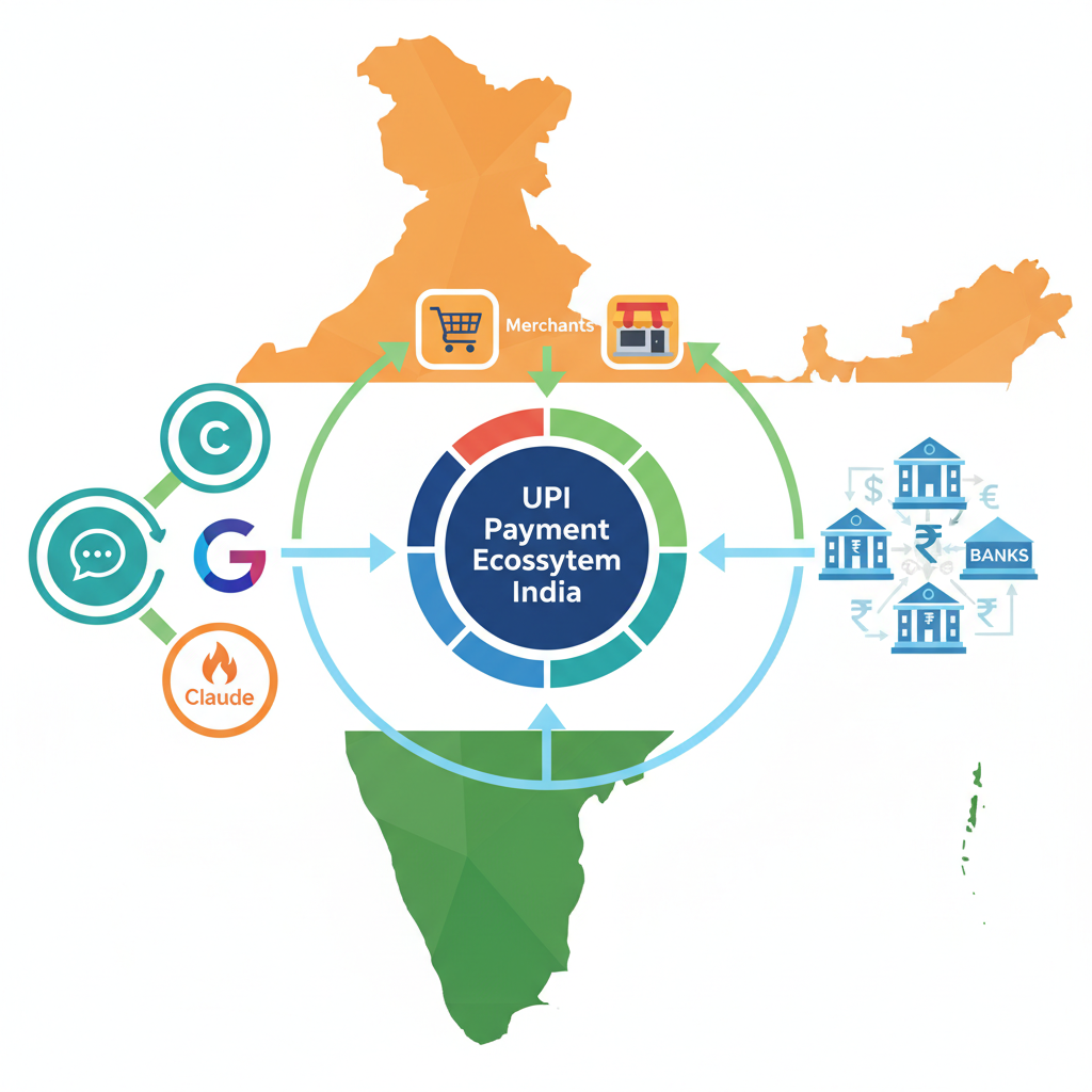 A vibrant infographic illustrating the UPI payment ecosystem in India, with multiple AI chatbot logos (ChatGPT, Gemini, Claude) integrated into it. Show arrows flowing from chatbots to merchants and banks, emphasizing seamless integration. Clean infographic style, no text, Indian context.
