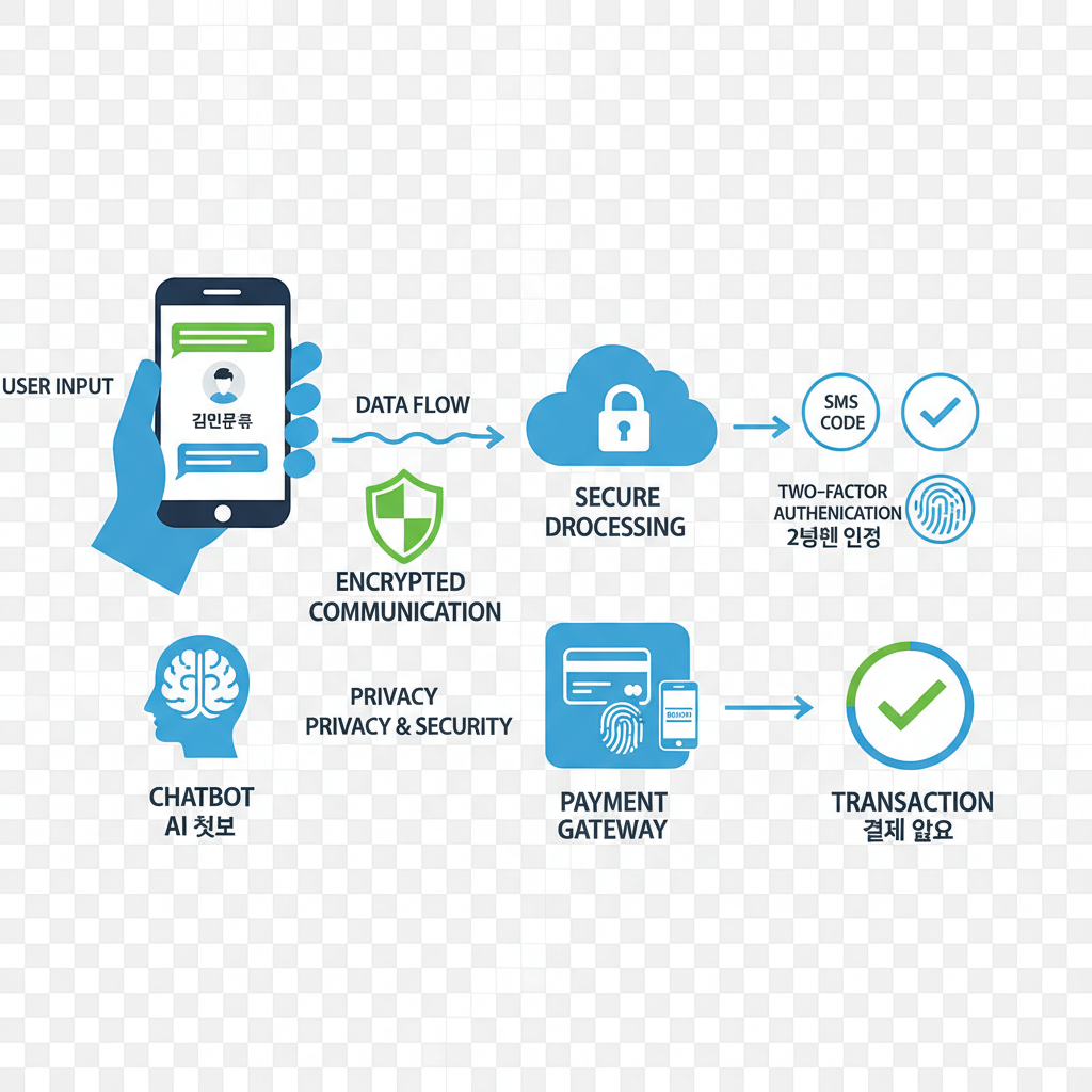 A clear diagram showing a user interacting with an AI chatbot on a smartphone, leading to a secure payment gateway with two-factor authentication icons. Illustrate data flow and privacy aspects, with a shield icon for security. Clean infographic style, no text, Korean user profile.