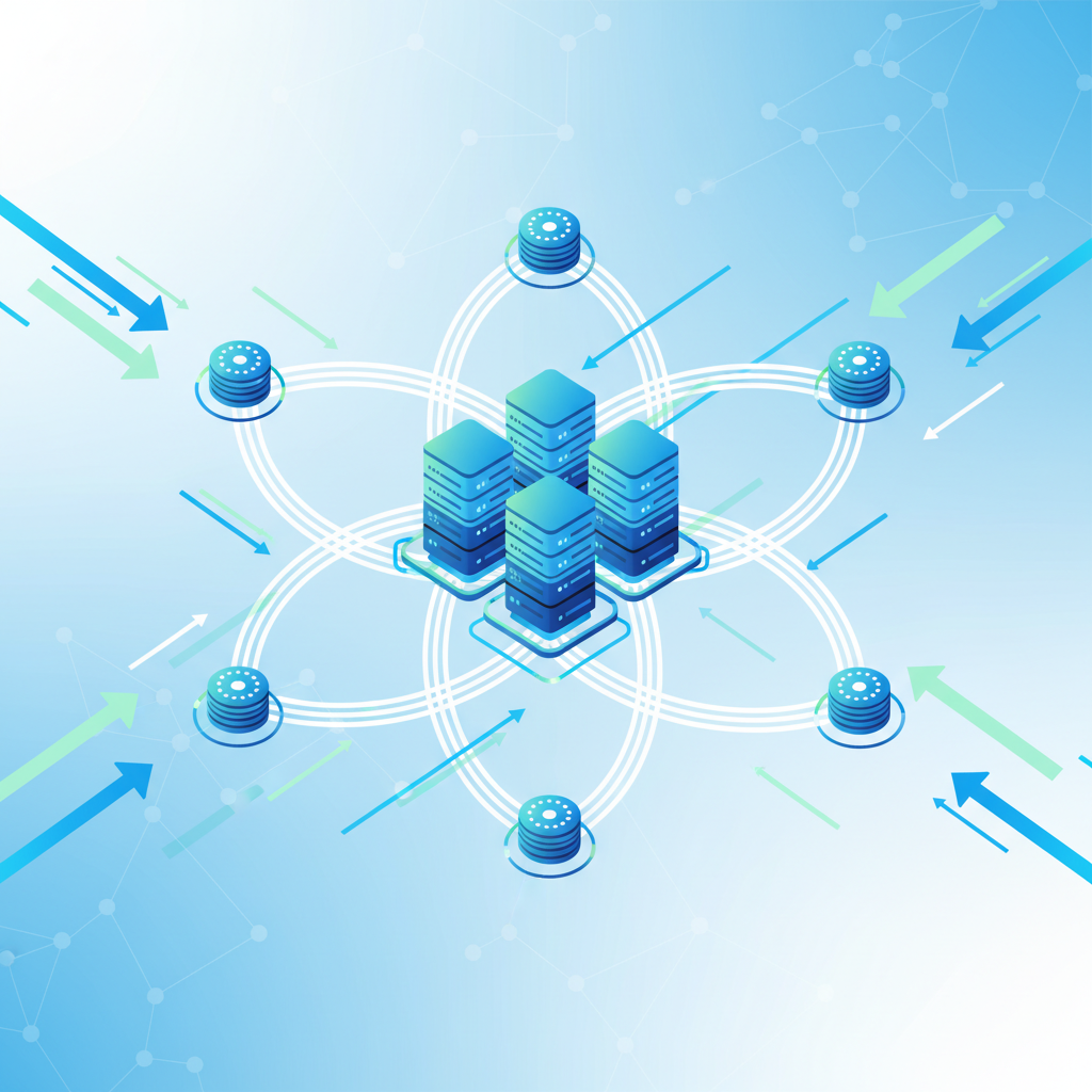 A clean infographic showing multiple servers connected in a distributed network, with data flowing efficiently between them. Emphasize concepts like speed, connectivity, and decentralized control. Style: clean infographic. No text.