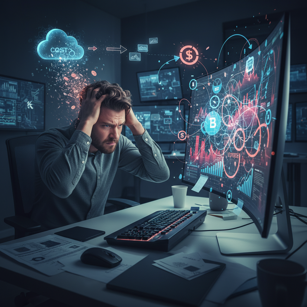 A realistic depiction of a person looking frustrated at a computer screen, surrounded by complex graphs and data transfer symbols, illustrating the hidden costs and difficulties of moving data. Style: lifestyle photography. No text.