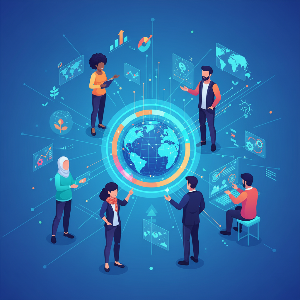 A vibrant and modern illustration of diverse professionals collaborating around a futuristic data storage interface, symbolizing growth, innovation, and global expansion in technology. Style: clean infographic. No text.