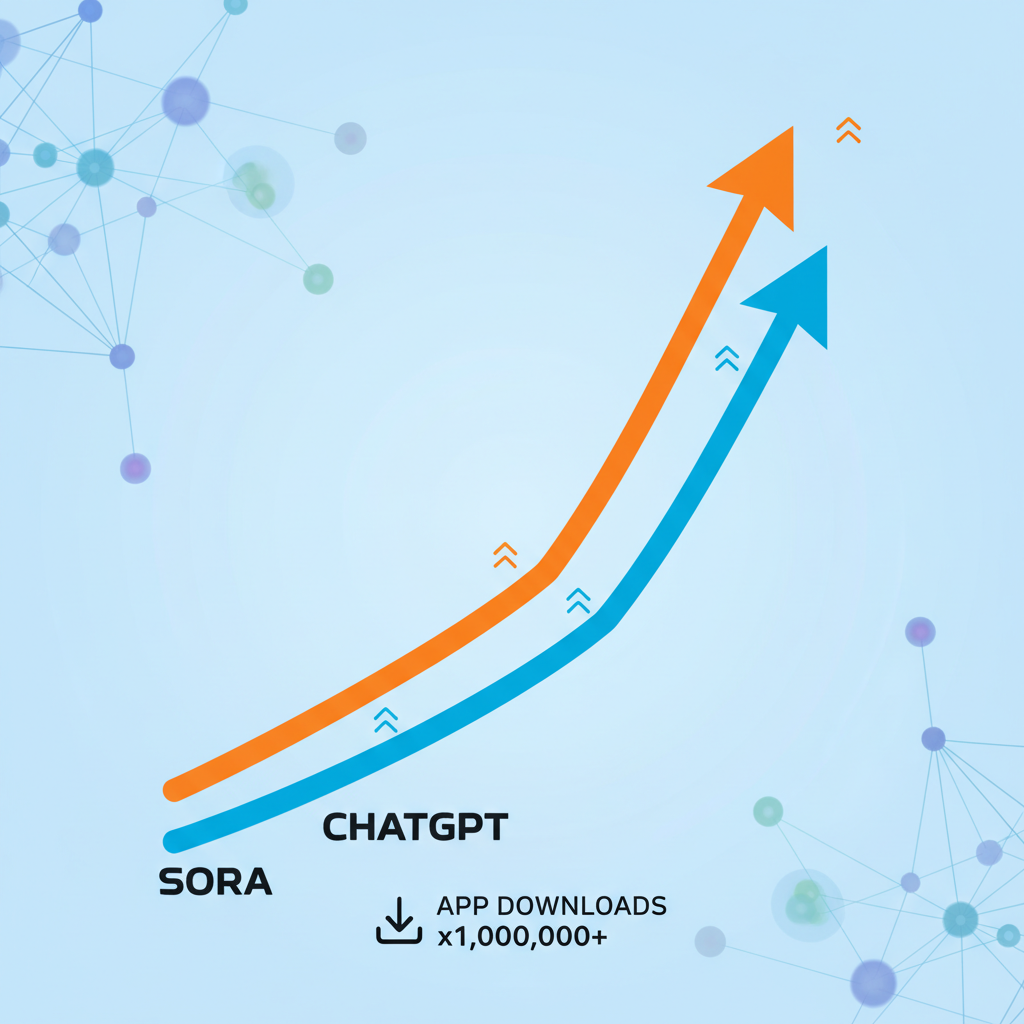 A dynamic infographic showing two lines on a growth chart, one for Sora rising much faster than the other for ChatGPT. Both lines represent app download numbers. The background shows abstract network connections. Clean infographic, no text.
