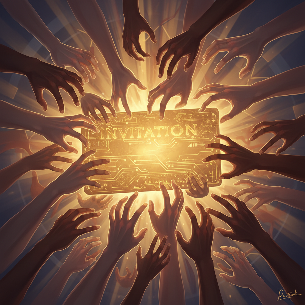 A stylized illustration of a golden invitation card with subtle AI patterns, partially hidden by many eager hands reaching for it. Emphasize exclusivity and demand. Illustration, no text.