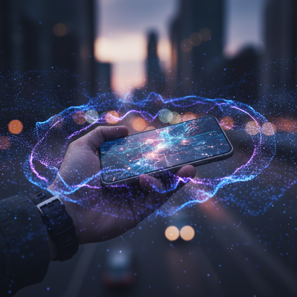 A person's hand holding a smartphone displaying a highly realistic, dynamic AI-generated video. Around the phone, abstract digital waves or particles illustrate the rapid spread of content. Lifestyle photography, cinematic lighting, no text.