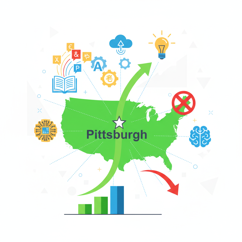 A vibrant infographic illustrating Duolingo's decision to stay in Pittsburgh, not opening an office in San Francisco. Show a map with Pittsburgh highlighted and San Francisco crossed out, surrounded by elements representing language learning and tech innovation. Style: clean infographic, no text.