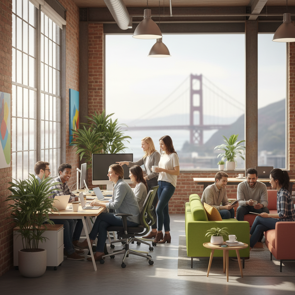 Lifestyle photography of a modern, vibrant office space in Pittsburgh, showing diverse employees collaborating happily. Contrast with a blurred, distant image of the San Francisco skyline in the background, symbolizing distance. Natural lighting, no text.