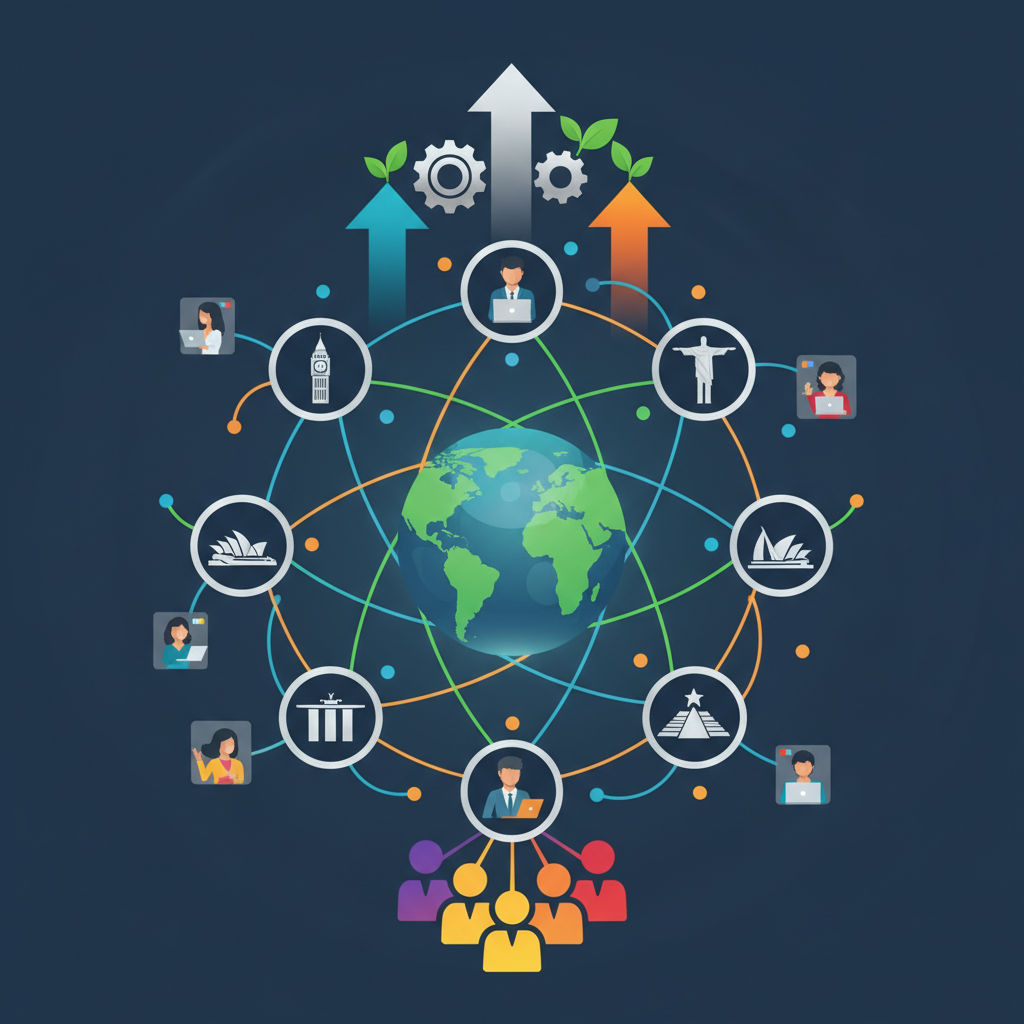 An infographic showing various global cities (not specifically Pittsburgh or San Francisco) with lines connecting them, representing remote collaboration and distributed teams. Emphasize innovation and growth, with diverse professionals working virtually. Style: clean infographic, no text.