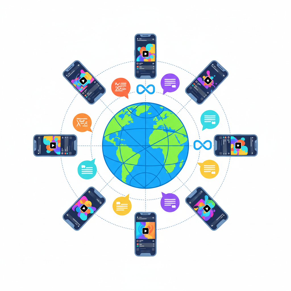 A vibrant infographic showing a globe with different language speech bubbles radiating outwards, connected by lines to various smartphone screens displaying Reels. Meta's logo is subtly integrated. Style: clean infographic. No text.