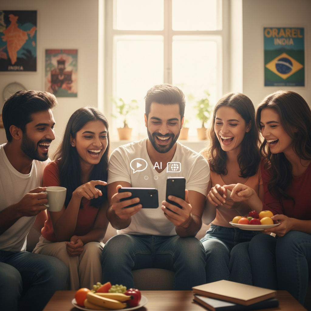 A cheerful lifestyle photography scene featuring a diverse group of young adults (including Indian and Brazilian individuals) happily watching and interacting with Reels on their smartphones. Subtle icons indicating AI translation are visible near the screens. Natural lighting, focus on connection and global reach. No text.