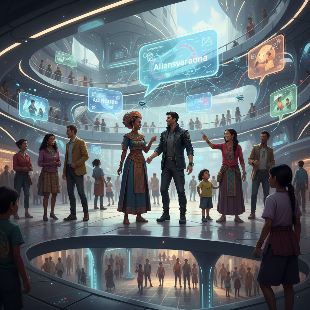 A futuristic illustration depicting seamless communication across cultures. People from various backgrounds are shown interacting effortlessly, with holographic translation interfaces or AI-powered speech bubbles facilitating their conversations. The atmosphere is collaborative and inclusive. No text.