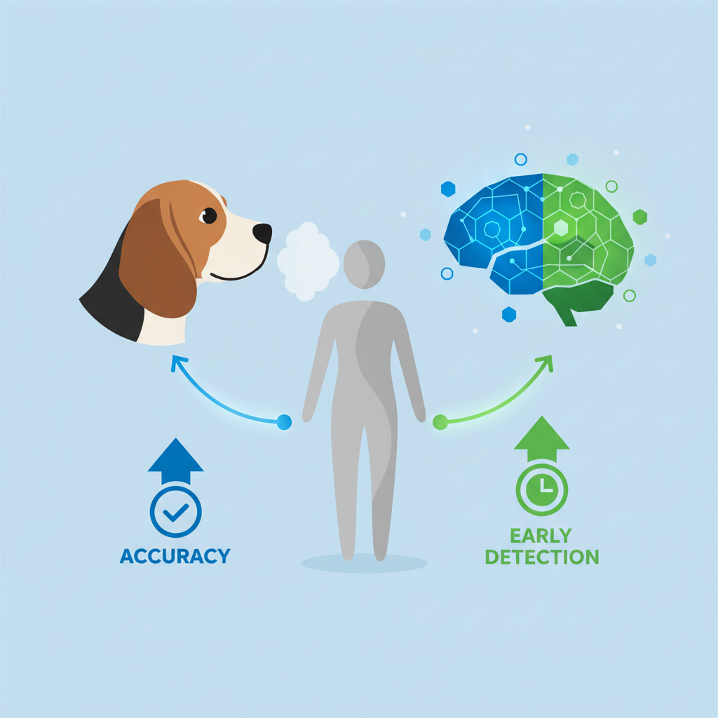 A clean infographic showing a beagle dog on one side and a stylized AI brain on the other, both connected to a human figure with a breath sample. The infographic highlights accuracy and early detection. Style: clean infographic. No text.