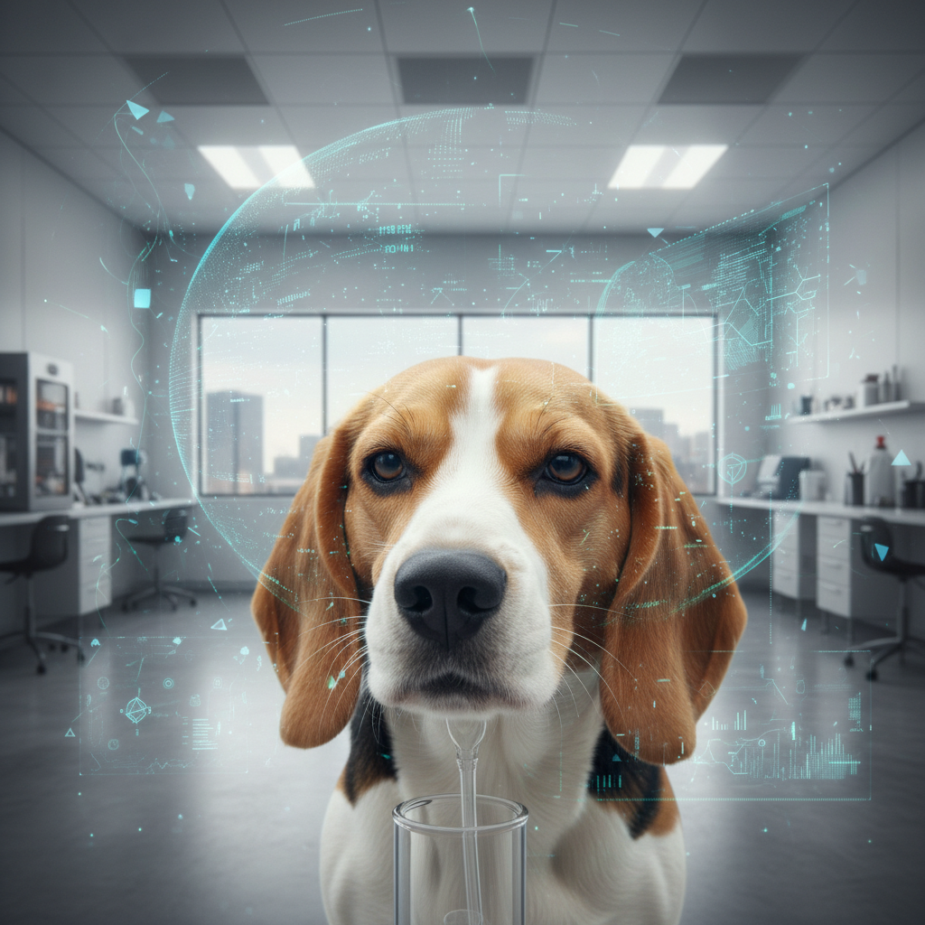 A lifestyle photograph of a beagle dog in a modern, clean lab environment, sniffing a breath sample. Behind it, a subtle overlay of digital data visualization and AI elements. Emphasize focused attention of the dog. No text.