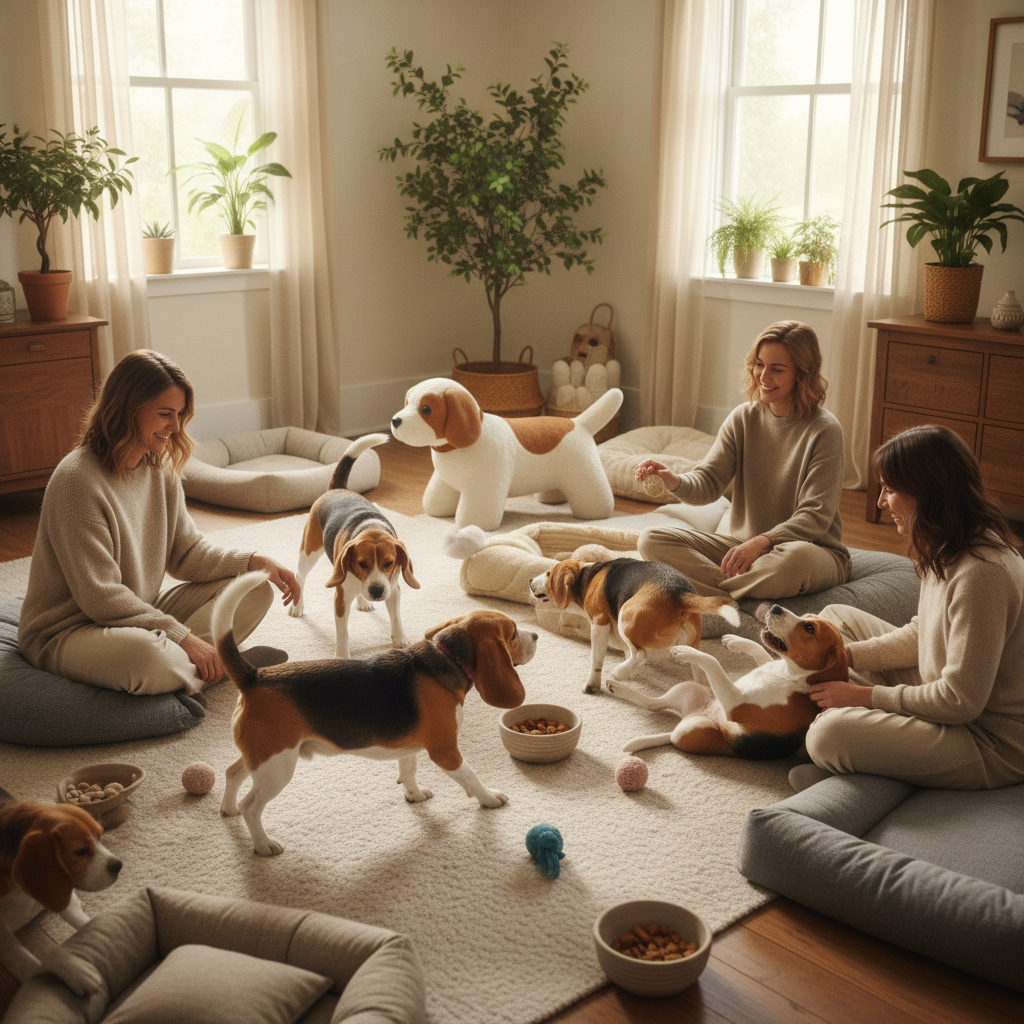 A cheerful lifestyle photograph of multiple beagle dogs playing happily in a spacious, bright indoor environment with a few people interacting with them. Emphasize comfort and well-being. No text.