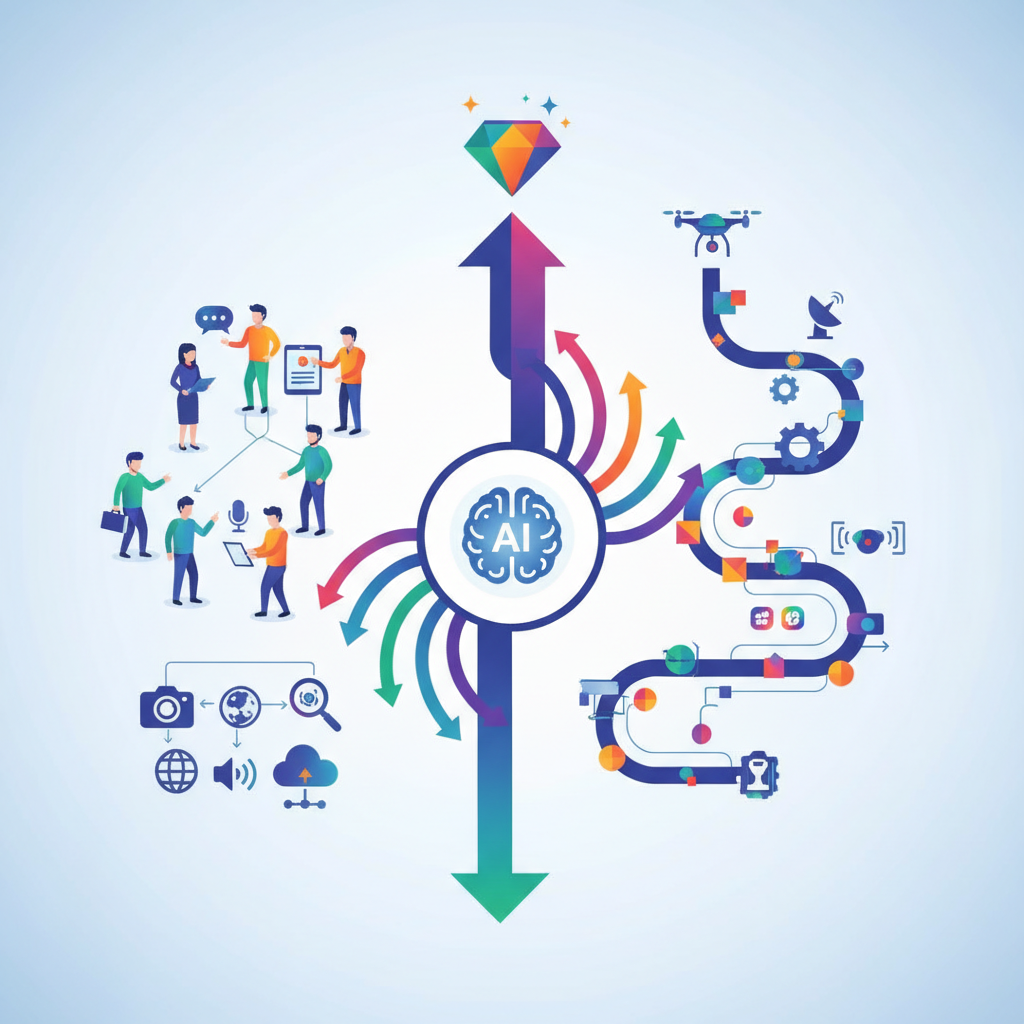 An infographic illustrating the concept of high-quality AI training data, with a focus on human collaboration and advanced data collection methods. Clean design, vibrant colors, no text.