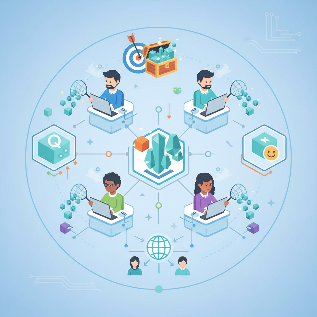 A conceptual illustration of a "bounty hunter" system for data collection. Skilled software engineers are depicted collaborating on complex datasets, highlighting quality and user experience. Clean infographic style, no text.