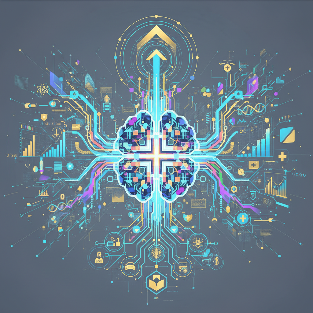 A futuristic illustration showing AI models being trained with high-quality, complex data. Emphasize growth, innovation, and potential expansion into various industries like finance and medicine. Modern, clean illustration style, no text.